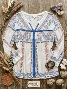 Pixley Embroidered Boho Peasant Blouse White Blue Coral Small